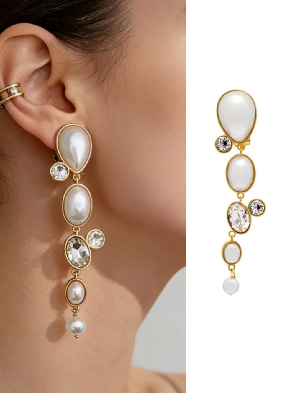 Oscar de la Renta Gold Tone Pearl & Crystal Statement Linear Drop Earrings
